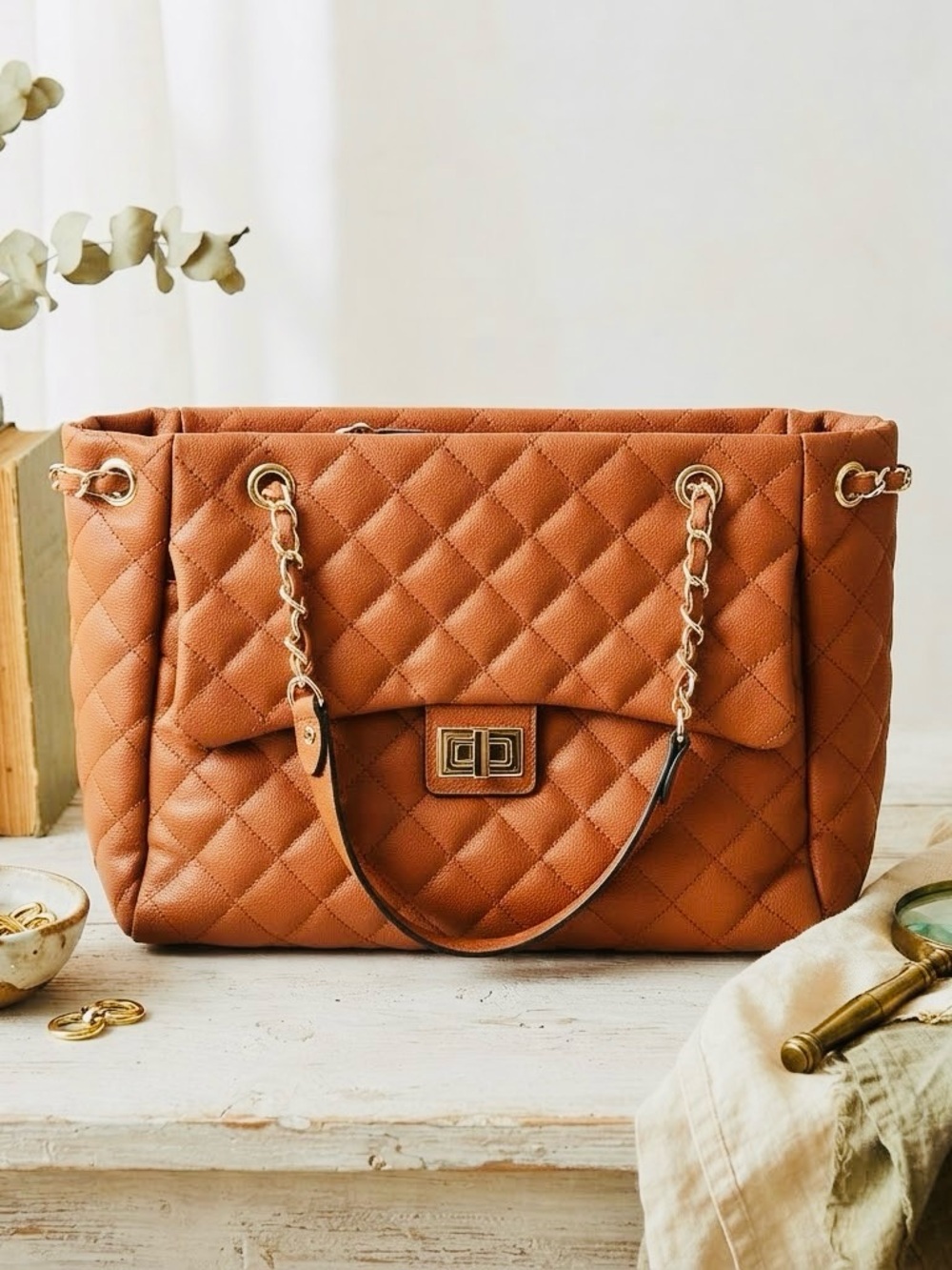 Quilted Cognac Brown Leather Tote Bag with Gold Chain Straps Turn Lock